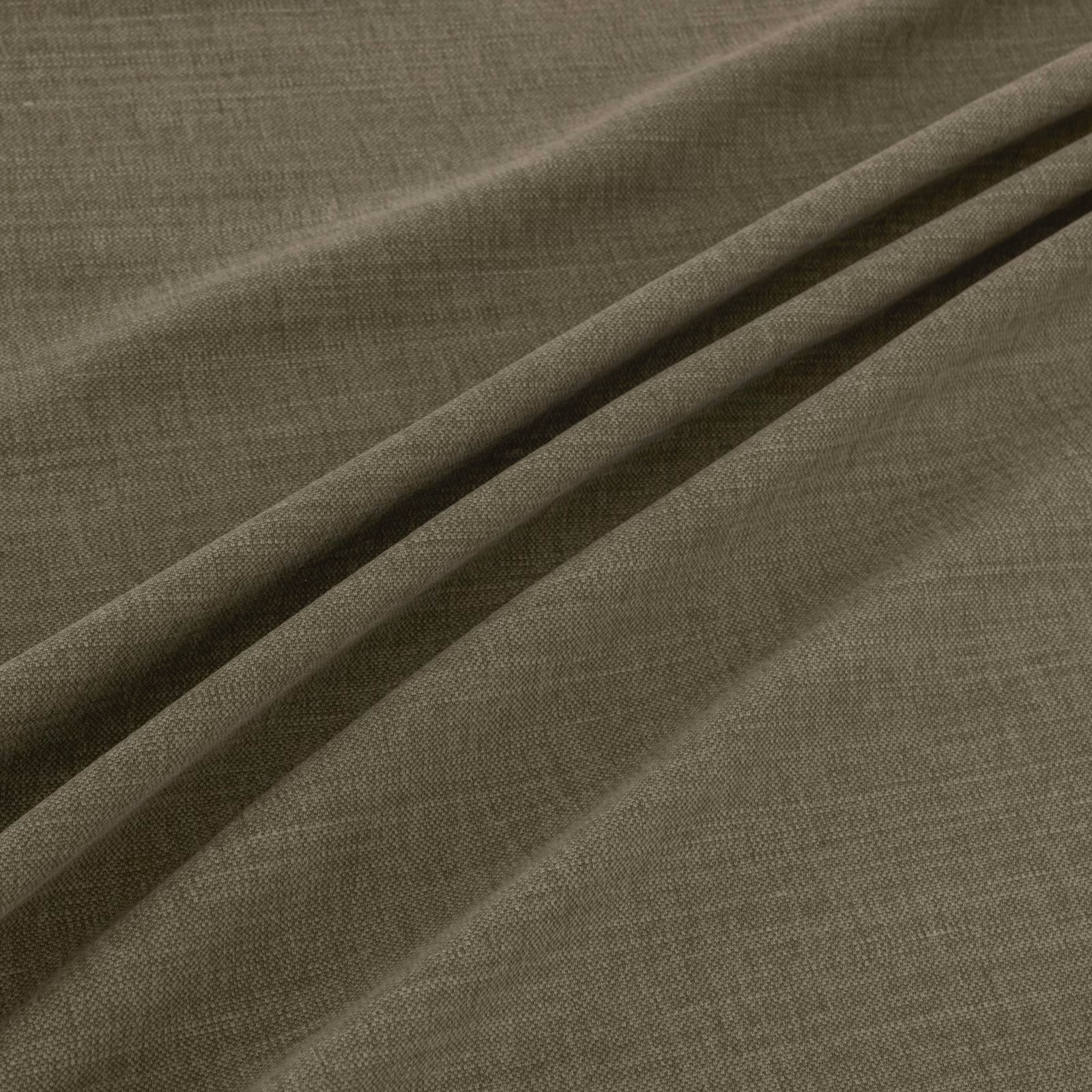Muted olive-taupe plain weave fabric folded to reveal subtle tonal texture
