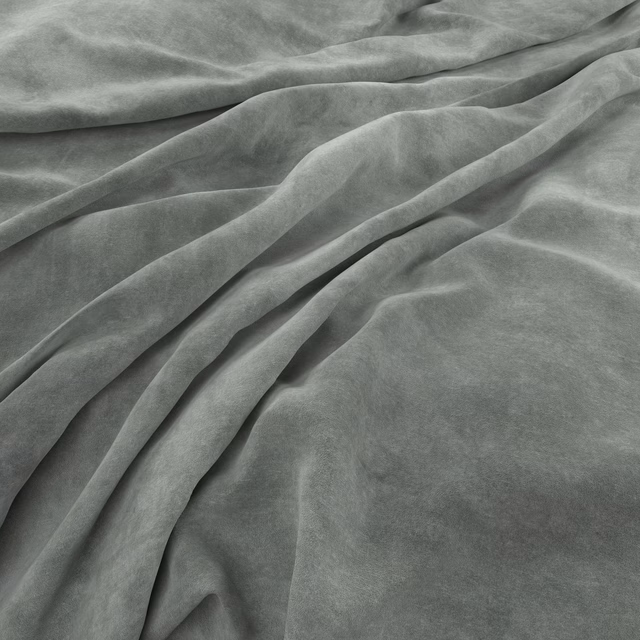 Cool aluminium-grey velvet-like fabric gathered into soft, light-catching folds