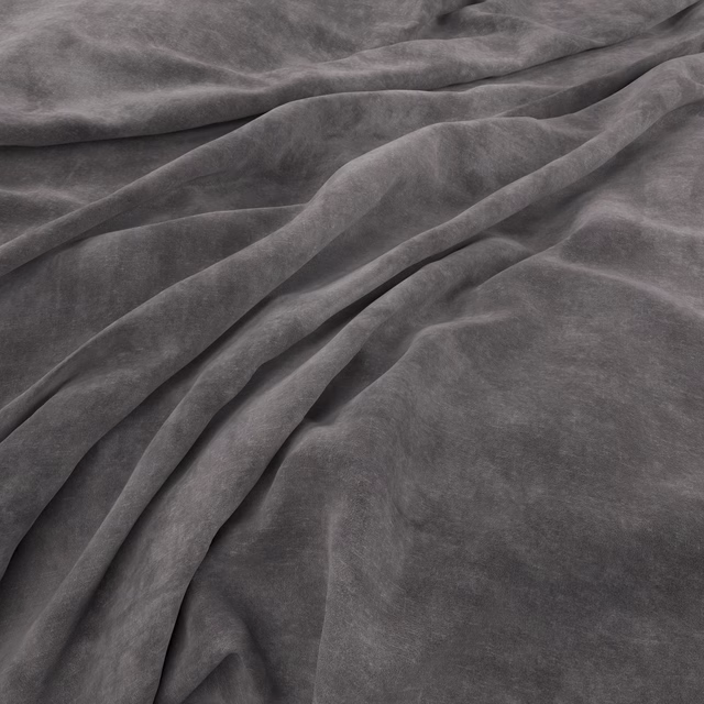 Deep smoky-grey velvet-look fabric with soft nap and flowing draped folds
