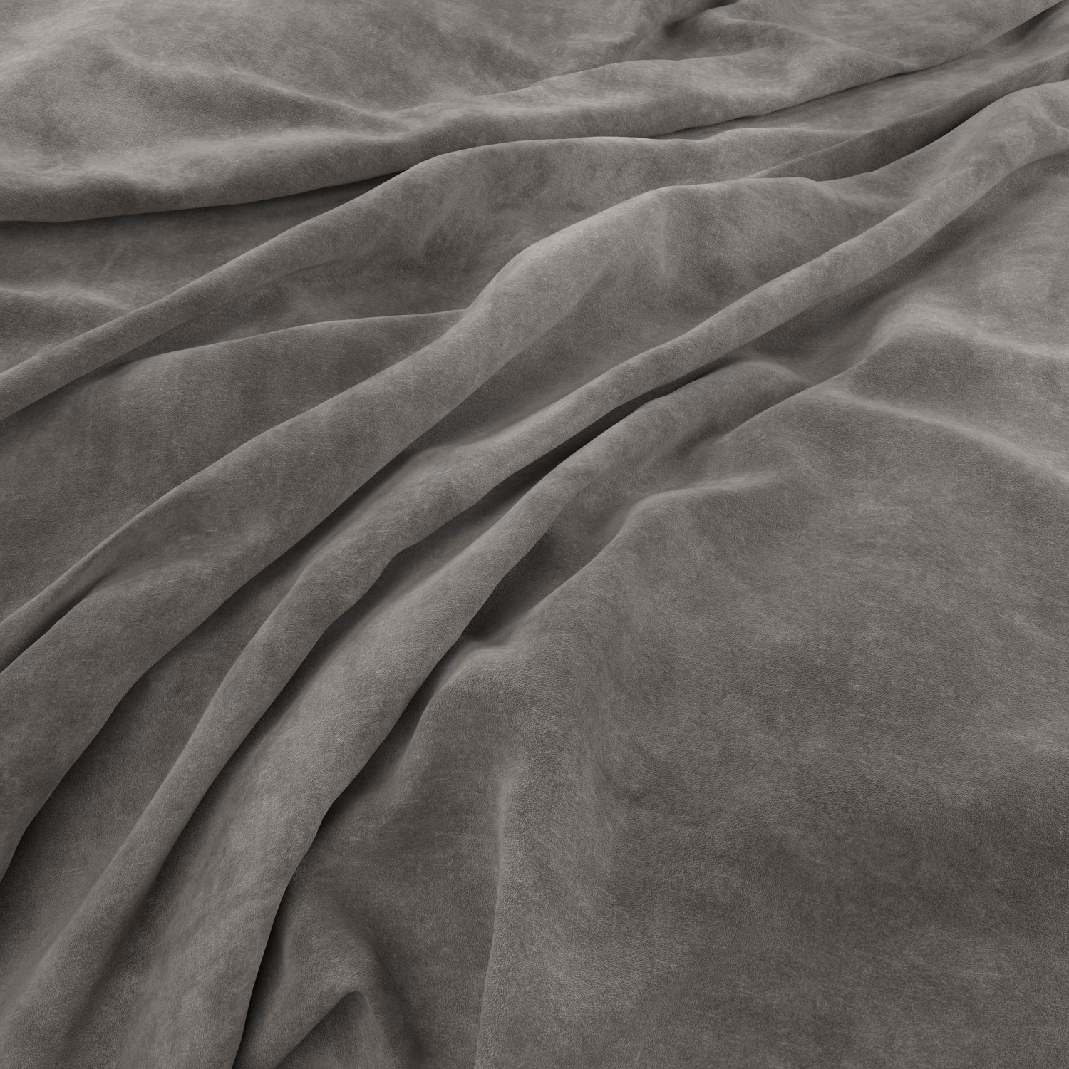 Ash-grey plush fabric draped in folds, showing soft silvery highlights and charcoal shading
