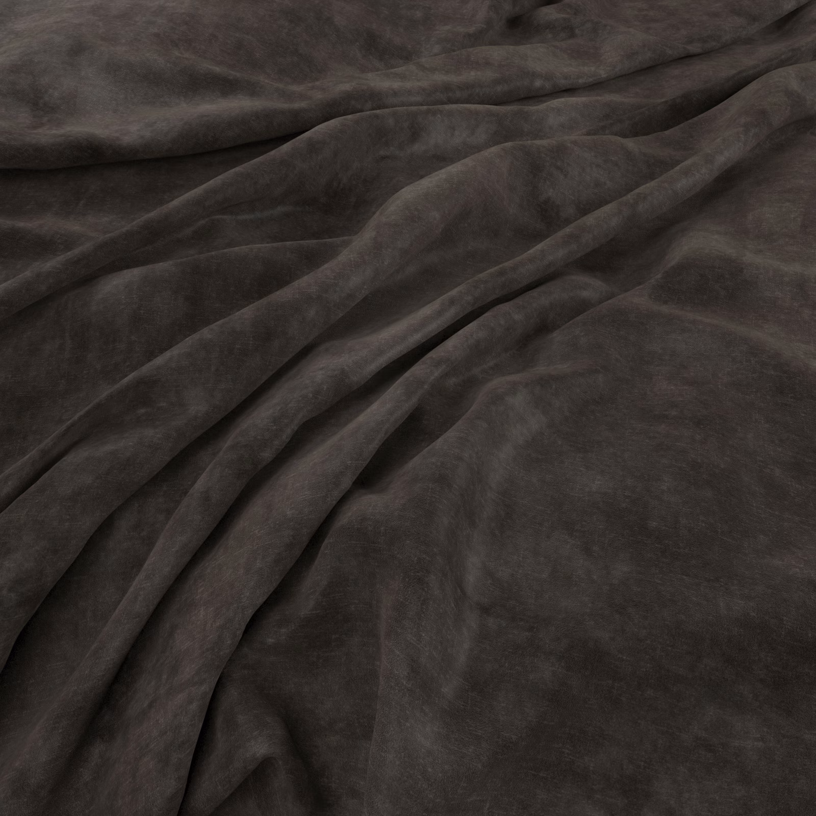 Dark charcoal fabric with a softly lustrous nap gathered into deep folds