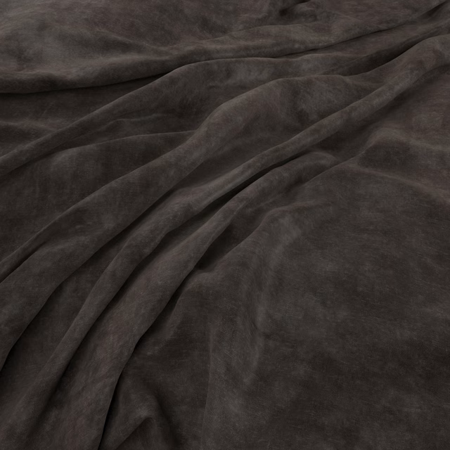 Dark charcoal fabric with a softly lustrous nap gathered into deep folds