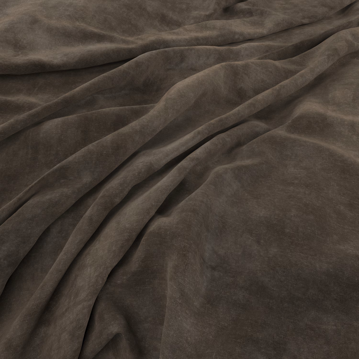 Deep smoky taupe velvet-like cloth with soft sheen folding into broad diagonal drapes