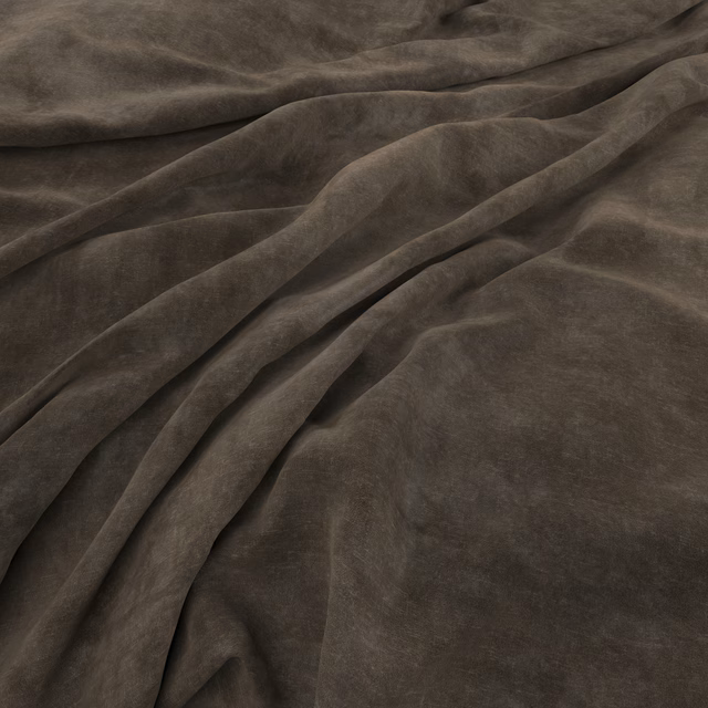 Deep smoky taupe velvet-like cloth with soft sheen folding into broad diagonal drapes