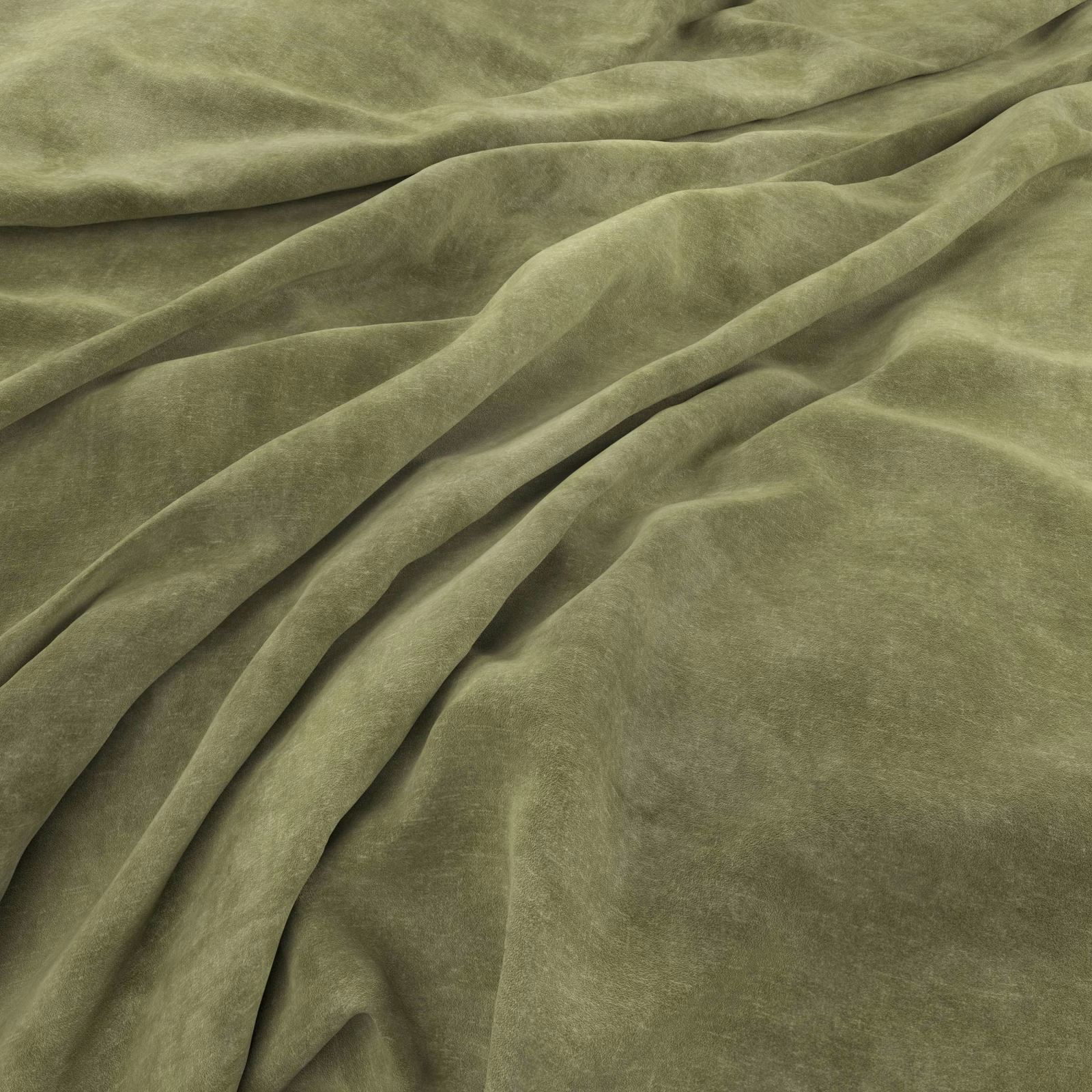 Muted celery-olive velvety fabric with soft highlights across gathered flowing folds