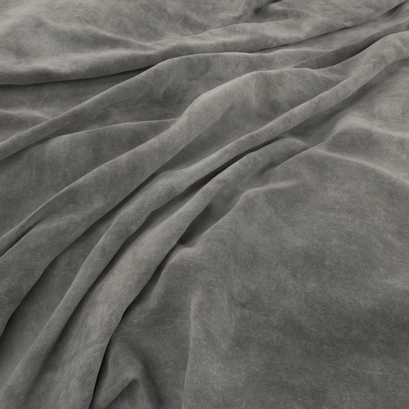 Cool cement-grey plush fabric draped in folds, showing soft nap and subtle tonal sheen
