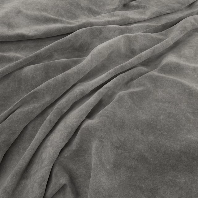 Cool cement-grey plush fabric draped in folds, showing soft nap and subtle tonal sheen