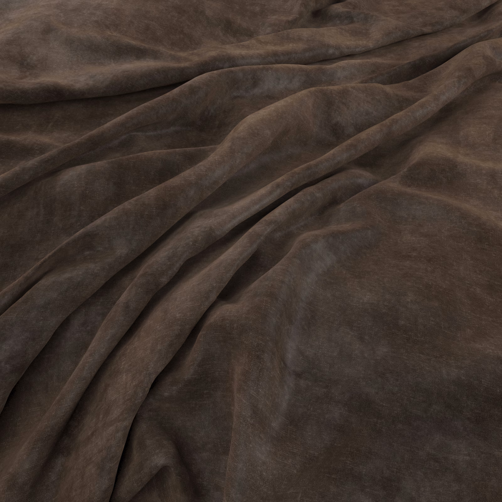 Deep chocolate-brown velvety fabric gathered into soft, light-catching folds