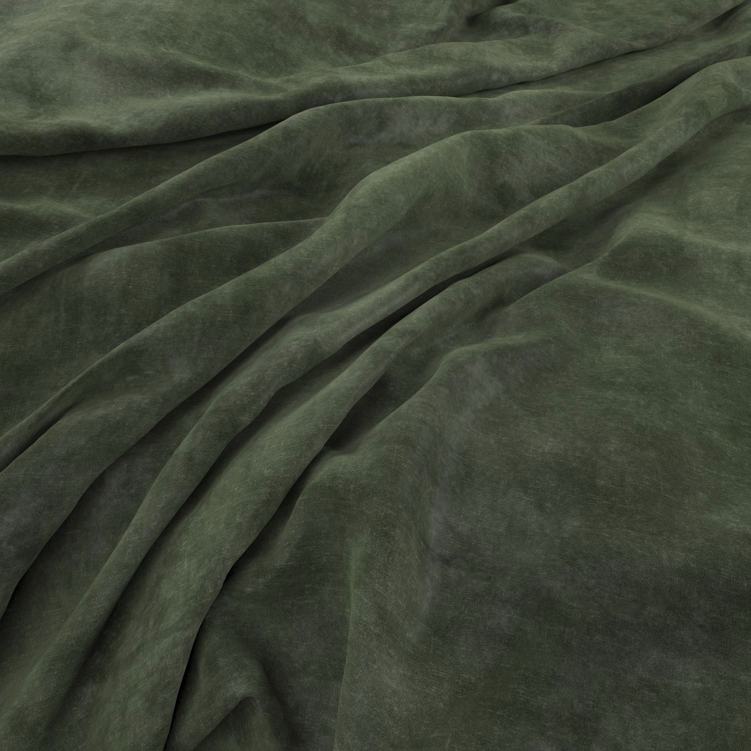 Deep conifer-green plush fabric draped in folds, showing softly varied velvety texture