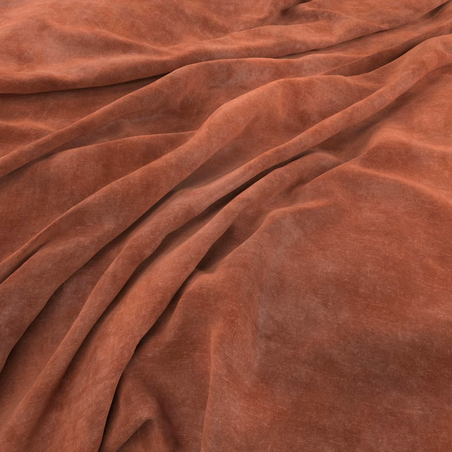 Warm coral terracotta plush fabric folded to show soft sheen and deep russet shadows