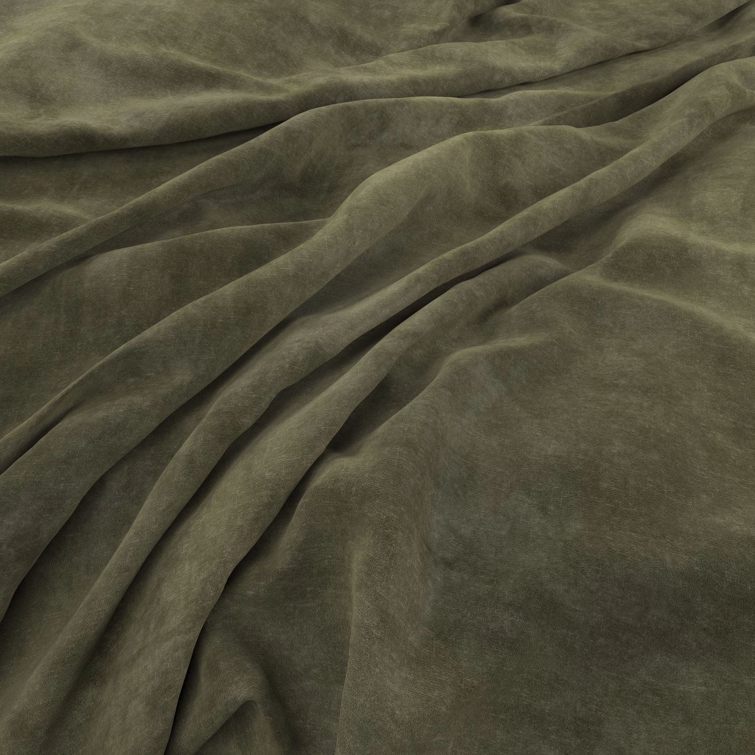 Deep olive velvet with soft nap and sculptural folds catching muted highlights