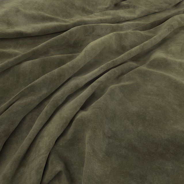 Deep olive velvet with soft nap and sculptural folds catching muted highlights