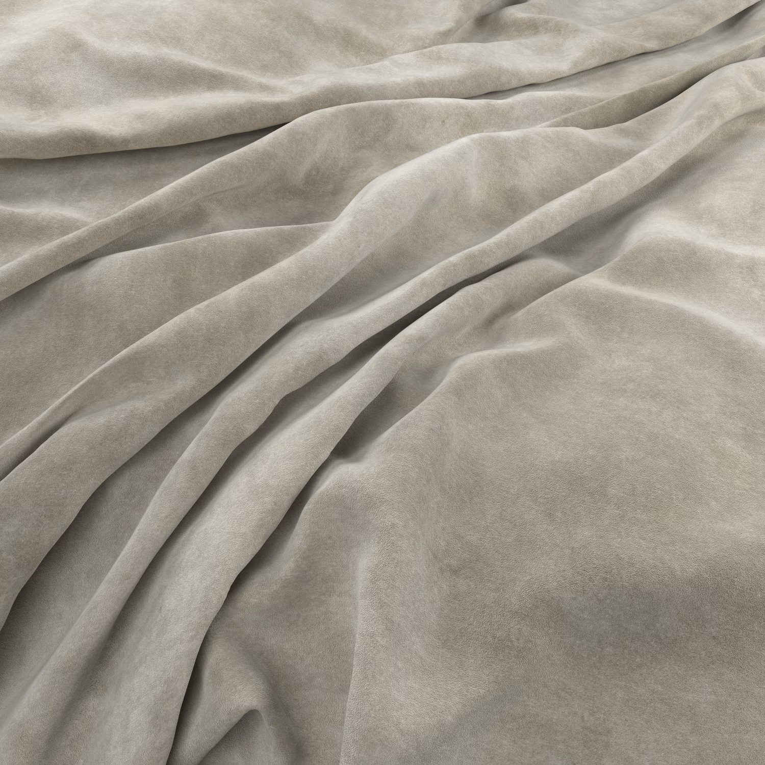 Soft greige taupe fabric with brushed pile gathered into fluid, light-catching folds