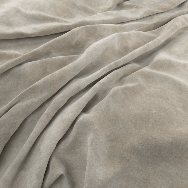 Soft greige taupe fabric with brushed pile gathered into fluid, light-catching folds