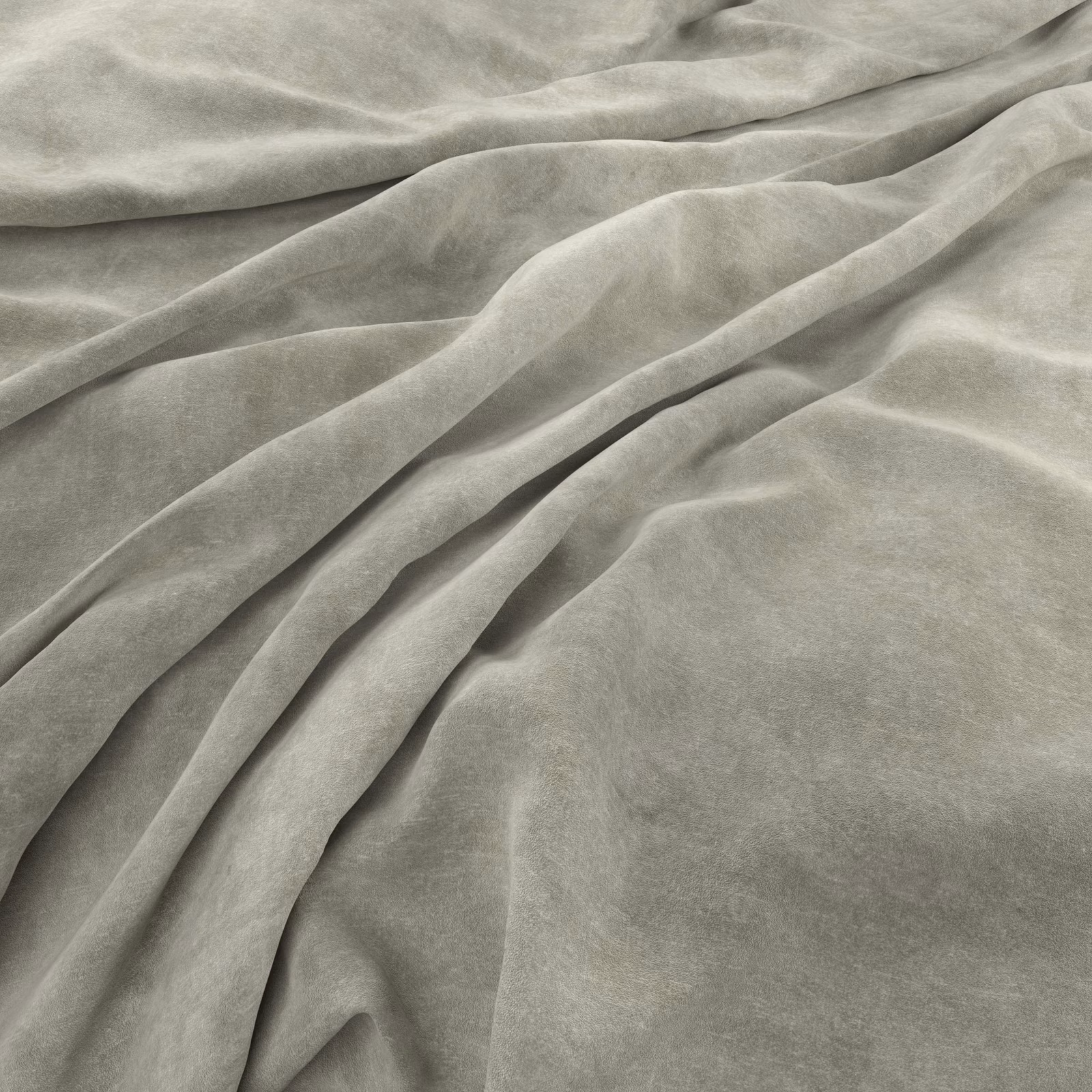 Soft marble grey velvet-textured fabric draped in folds with shifting light and shadow