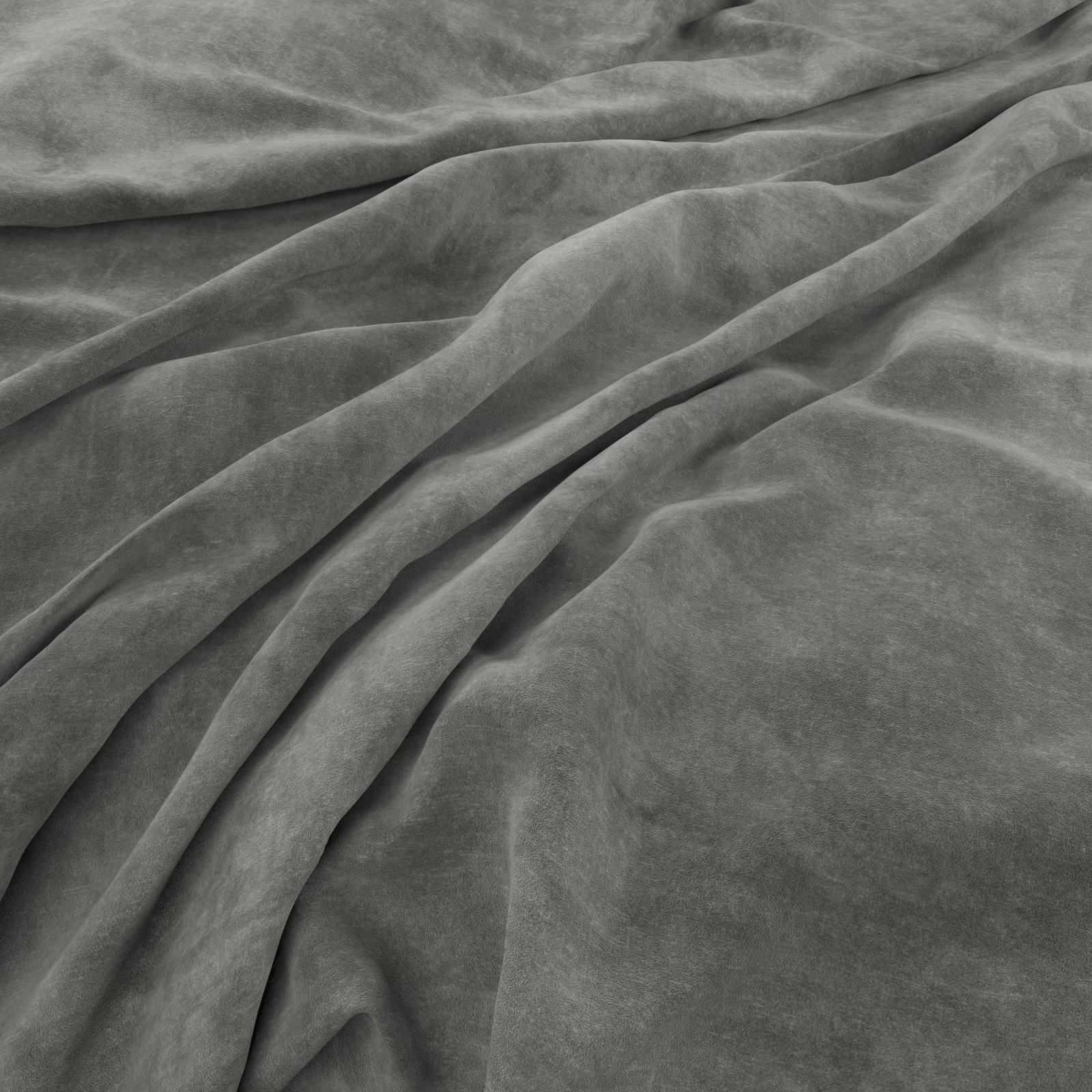 Cool slate-grey velvet-look fabric gathered into soft, light-catching folds