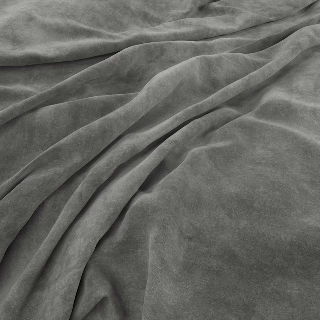 Cool slate-grey velvet-look fabric gathered into soft, light-catching folds