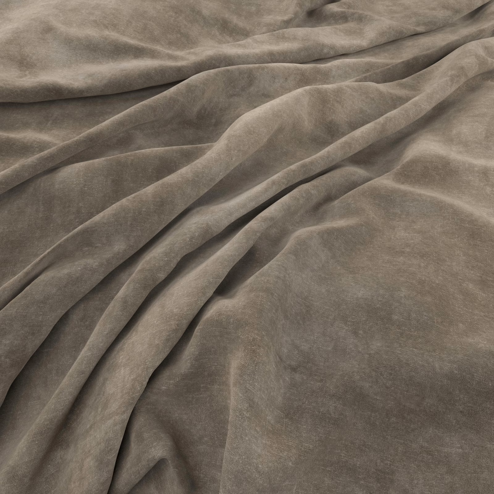 Plush mushroom taupe fabric with velvet-like nap draped in soft folds