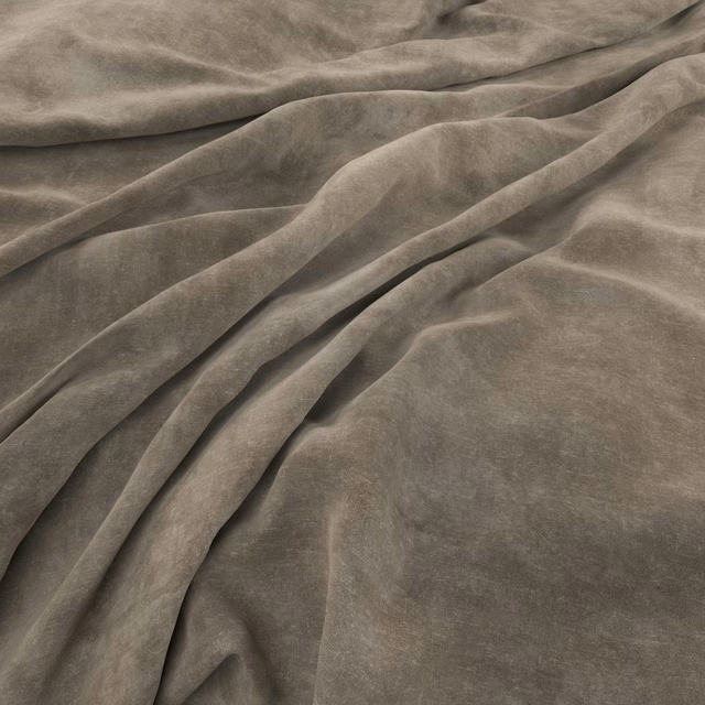 Plush mushroom taupe fabric with velvet-like nap draped in soft folds