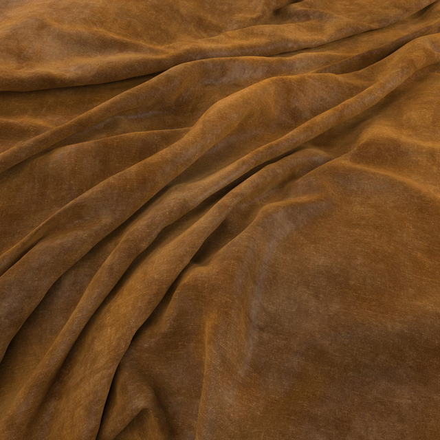 Warm turmeric-brown velvet-textured cloth gathered into broad, softly lustrous folds