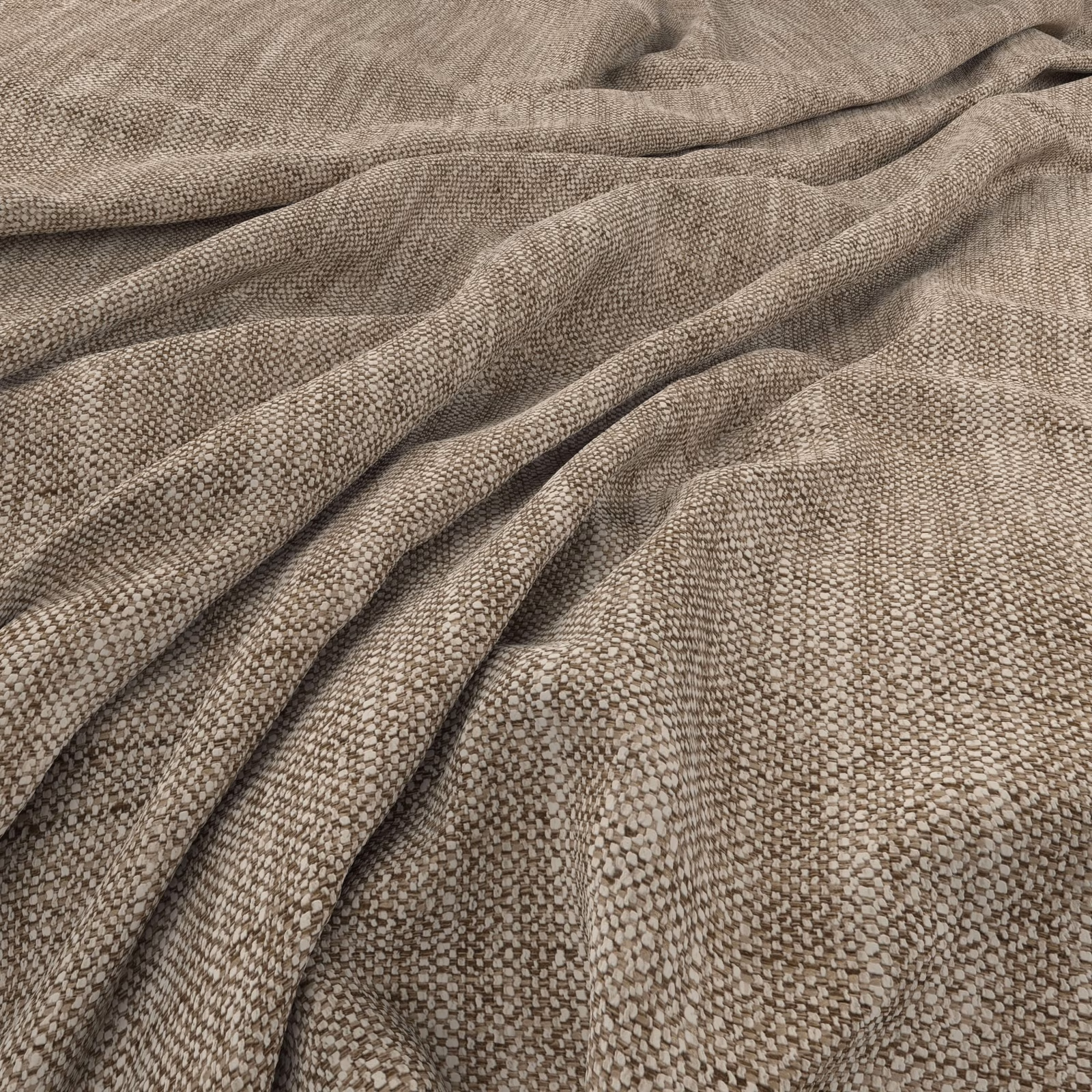 Warm taupe-brown woven fabric with small pebbled texture arranged in soft folds