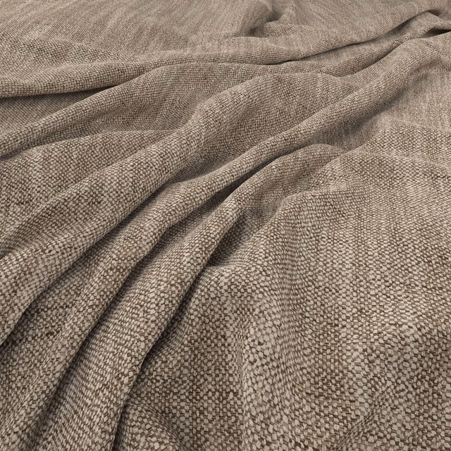 Warm taupe-brown woven fabric with small pebbled texture arranged in soft folds