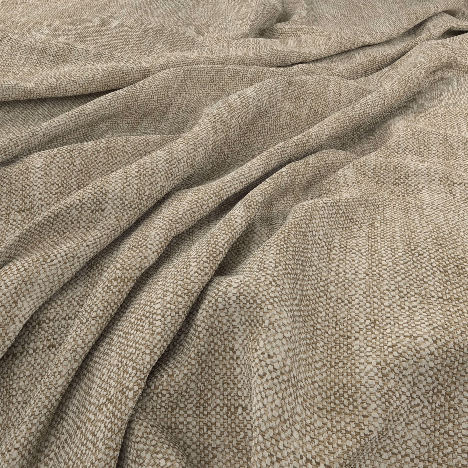 Warm taupe woven fabric with a fine mottled texture falling in soft folds