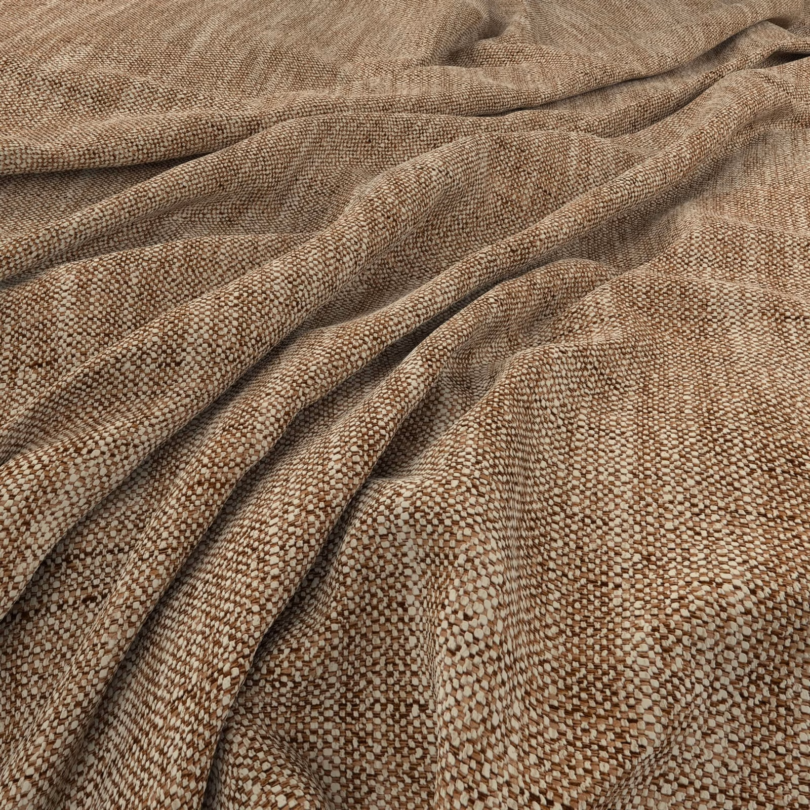 Warm taupe-brown woven upholstery fabric with a small flecked texture in soft folds