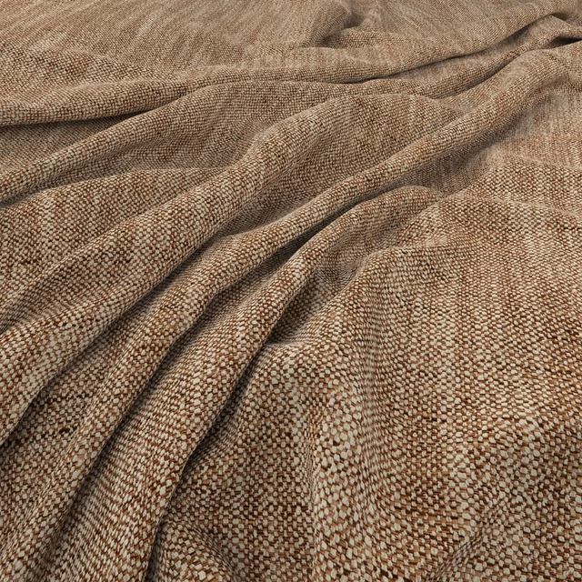 Warm taupe-brown woven upholstery fabric with a small flecked texture in soft folds