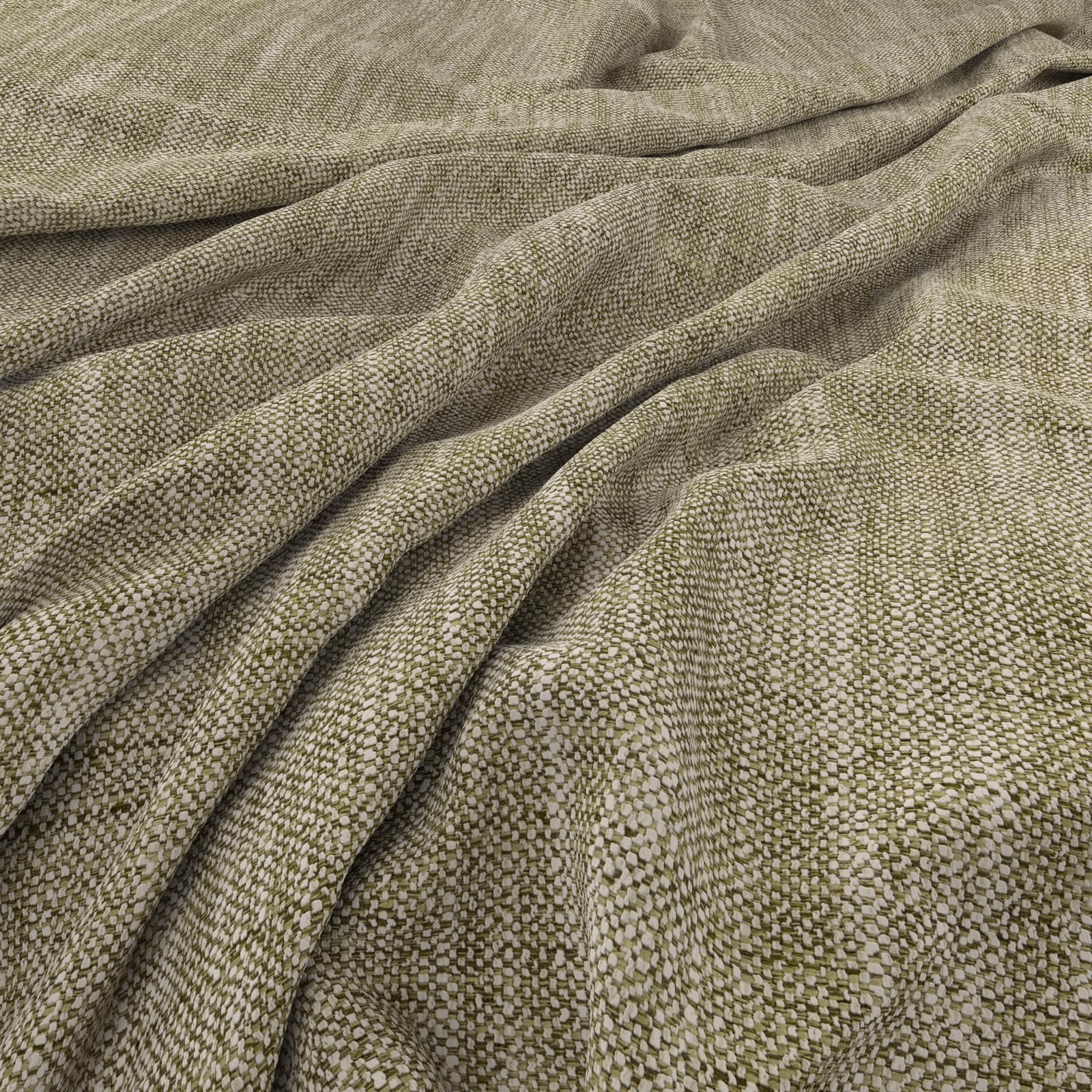 Muted lichen-olive woven swatch with fine pebbled texture and soft cascading folds