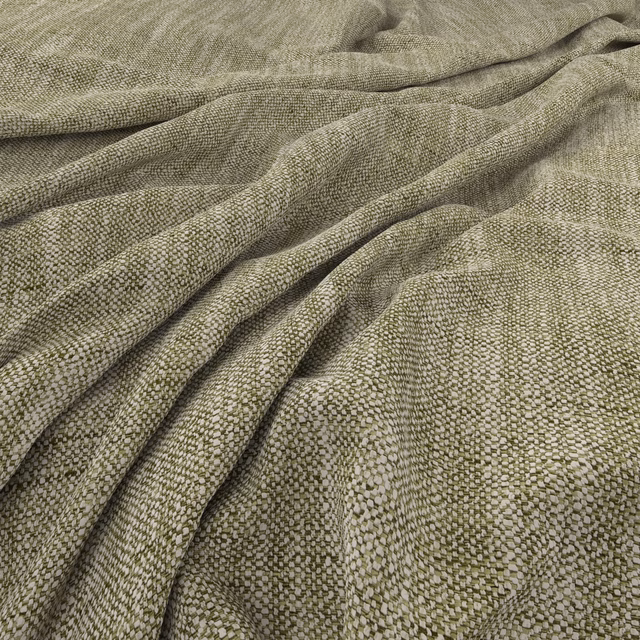 Muted lichen-olive woven swatch with fine pebbled texture and soft cascading folds