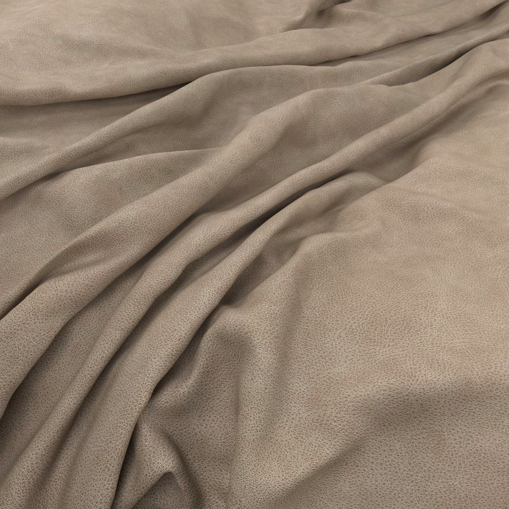 Warm clay-taupe fabric with fine pebbled grain and softly folded surface
