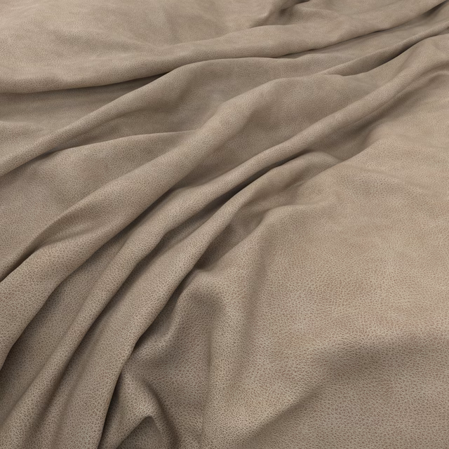 Warm clay-taupe fabric with fine pebbled grain and softly folded surface