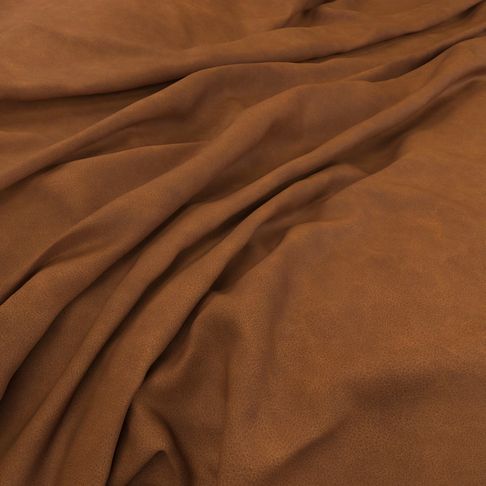 Warm cognac-brown fabric with smooth surface and deep, fluid draped folds