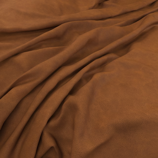 Warm cognac-brown fabric with smooth surface and deep, fluid draped folds
