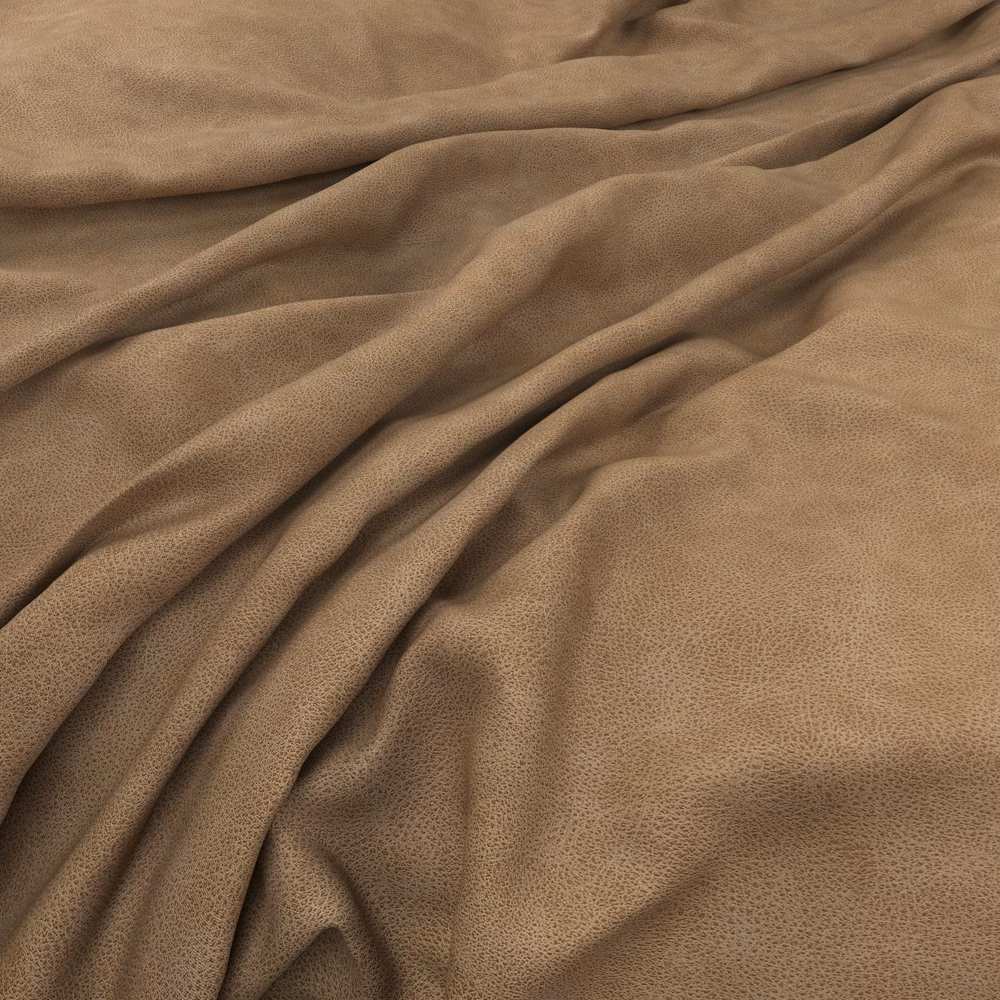Warm taupe-brown fabric with fine pebbled grain gathered into soft folds
