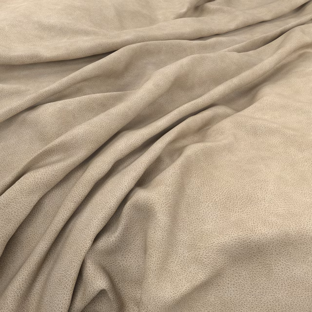 Warm stone-taupe fabric showing fine pebbling across softly gathered folds