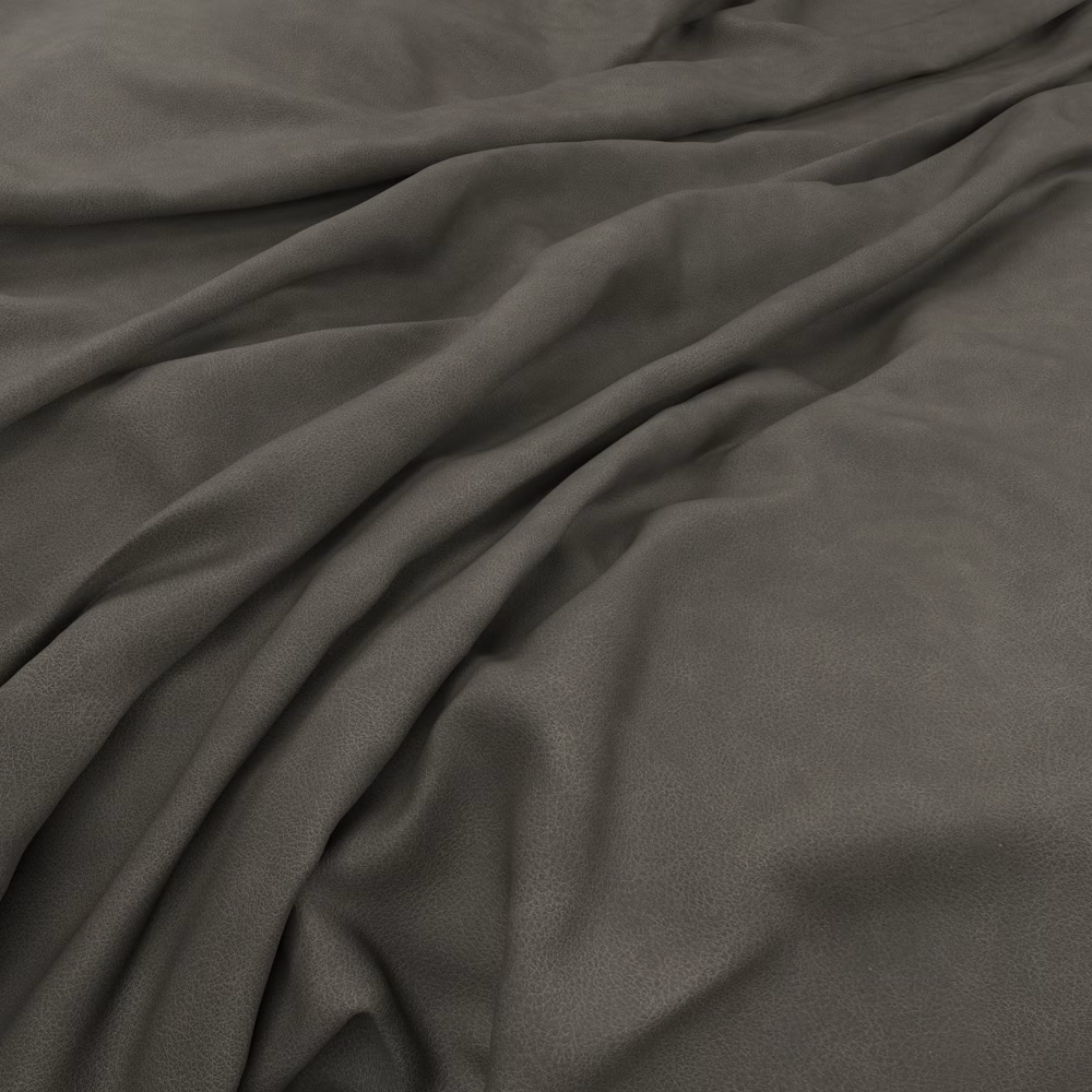 Deep charcoal-plum fabric with a fine pebbled surface gathered into soft folds
