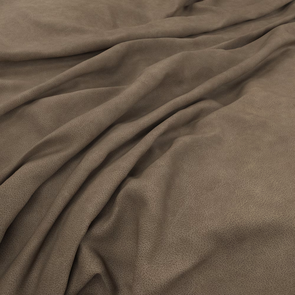 Warm taupe fabric with fine pebbled texture gathered into soft, flowing folds