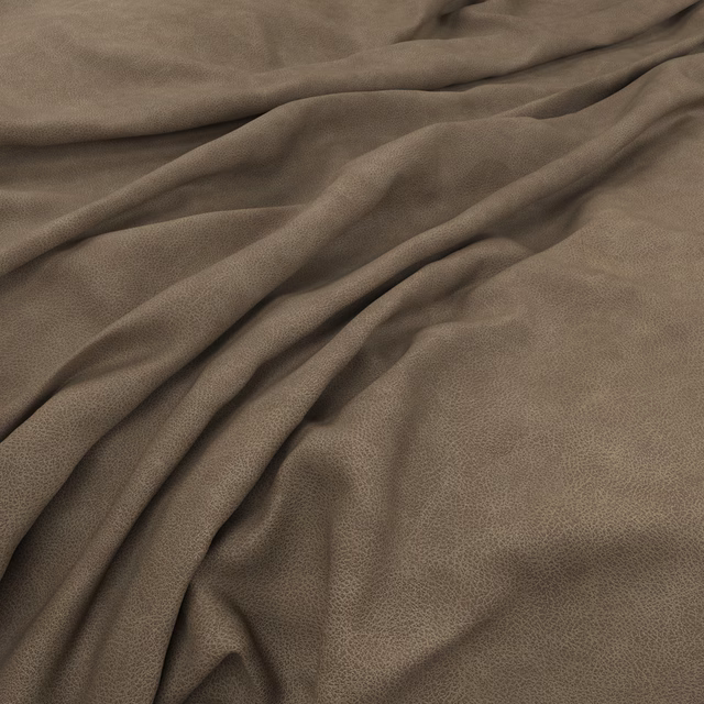Warm taupe fabric with fine pebbled texture gathered into soft, flowing folds