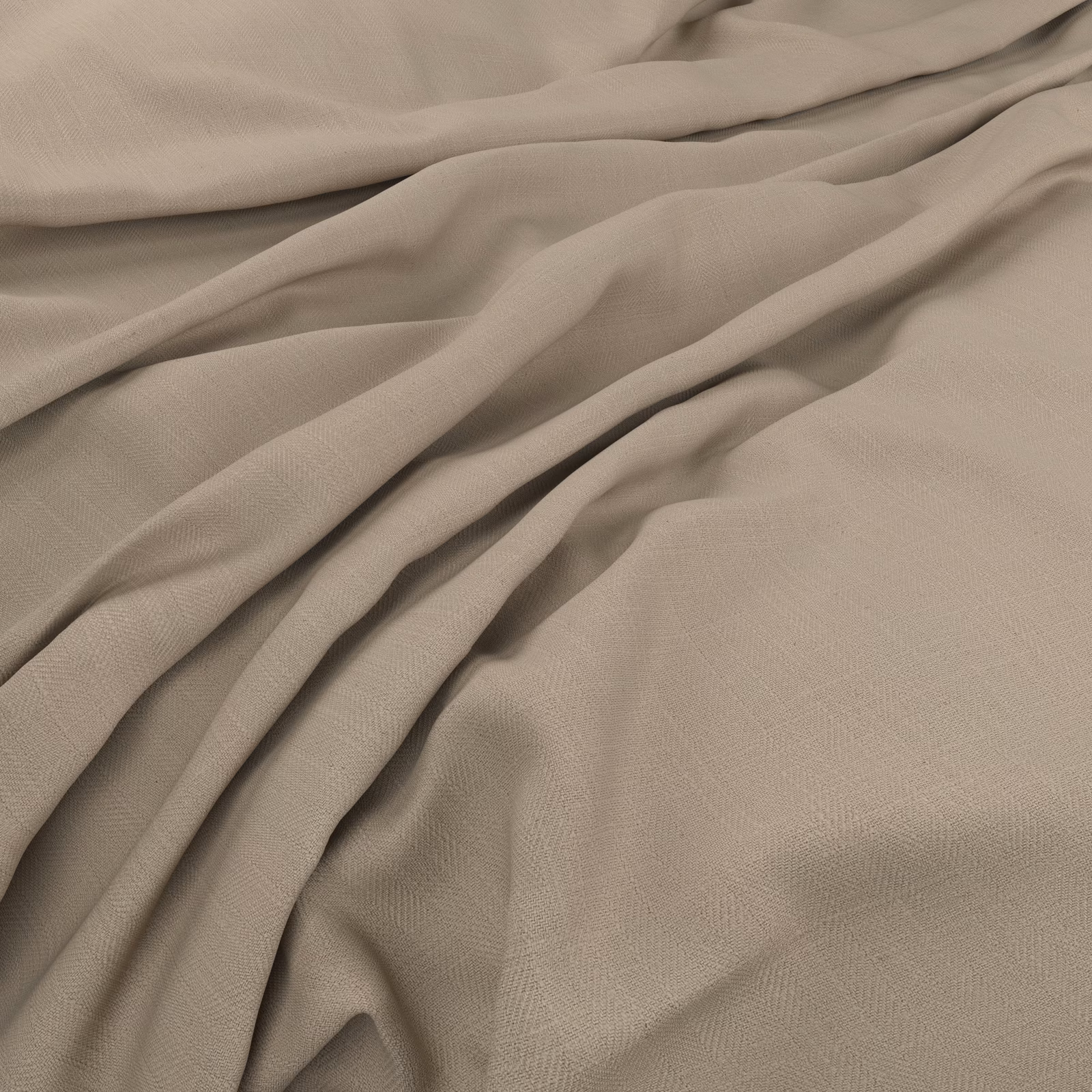 Soft taupe-grey plain weave fabric draped into fluid folds with fine texture visible