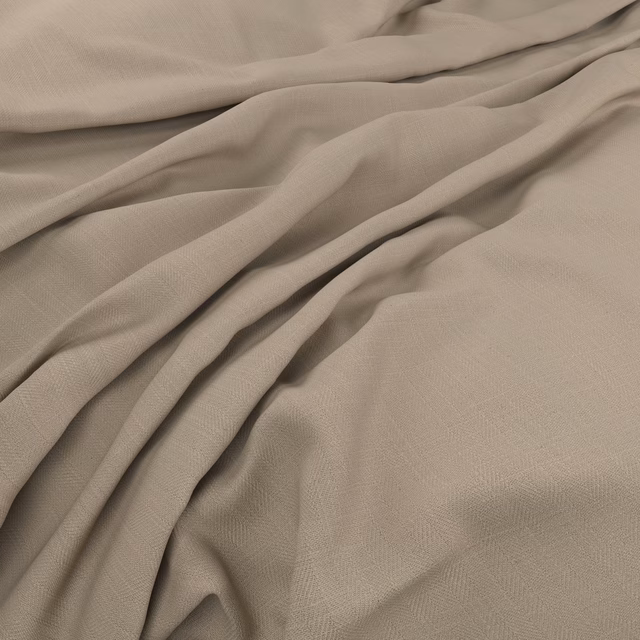 Soft taupe-grey plain weave fabric draped into fluid folds with fine texture visible