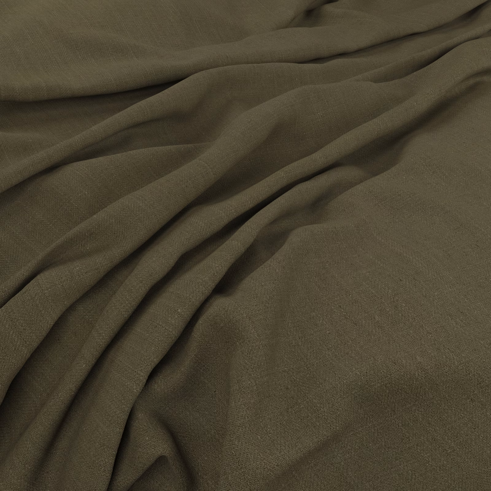 Deep olive-khaki plain weave fabric gathered into soft, shadowed folds