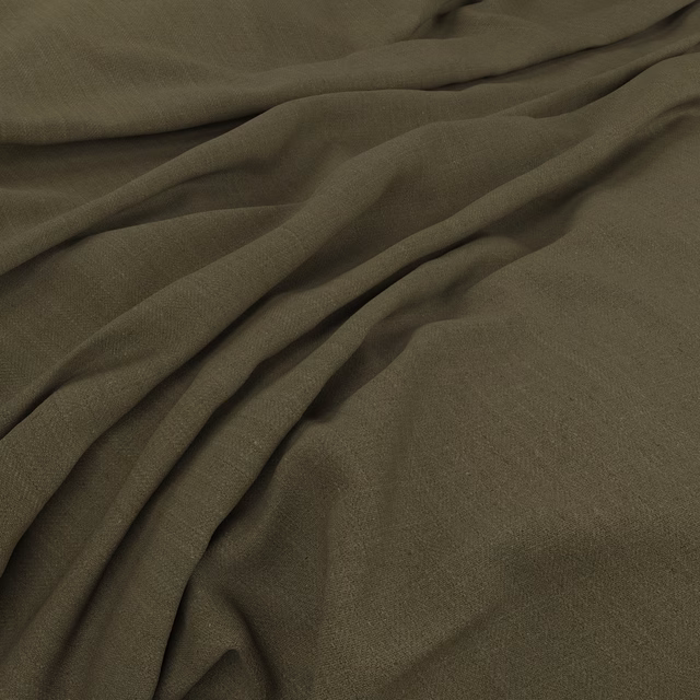 Deep olive-khaki plain weave fabric gathered into soft, shadowed folds