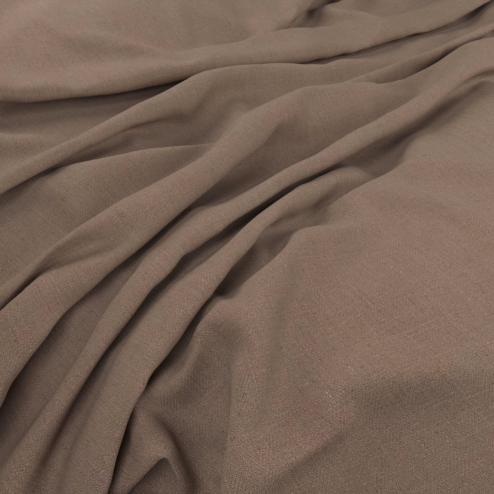 Warm mushroom-taupe woven fabric gathered into soft, shadowed folds