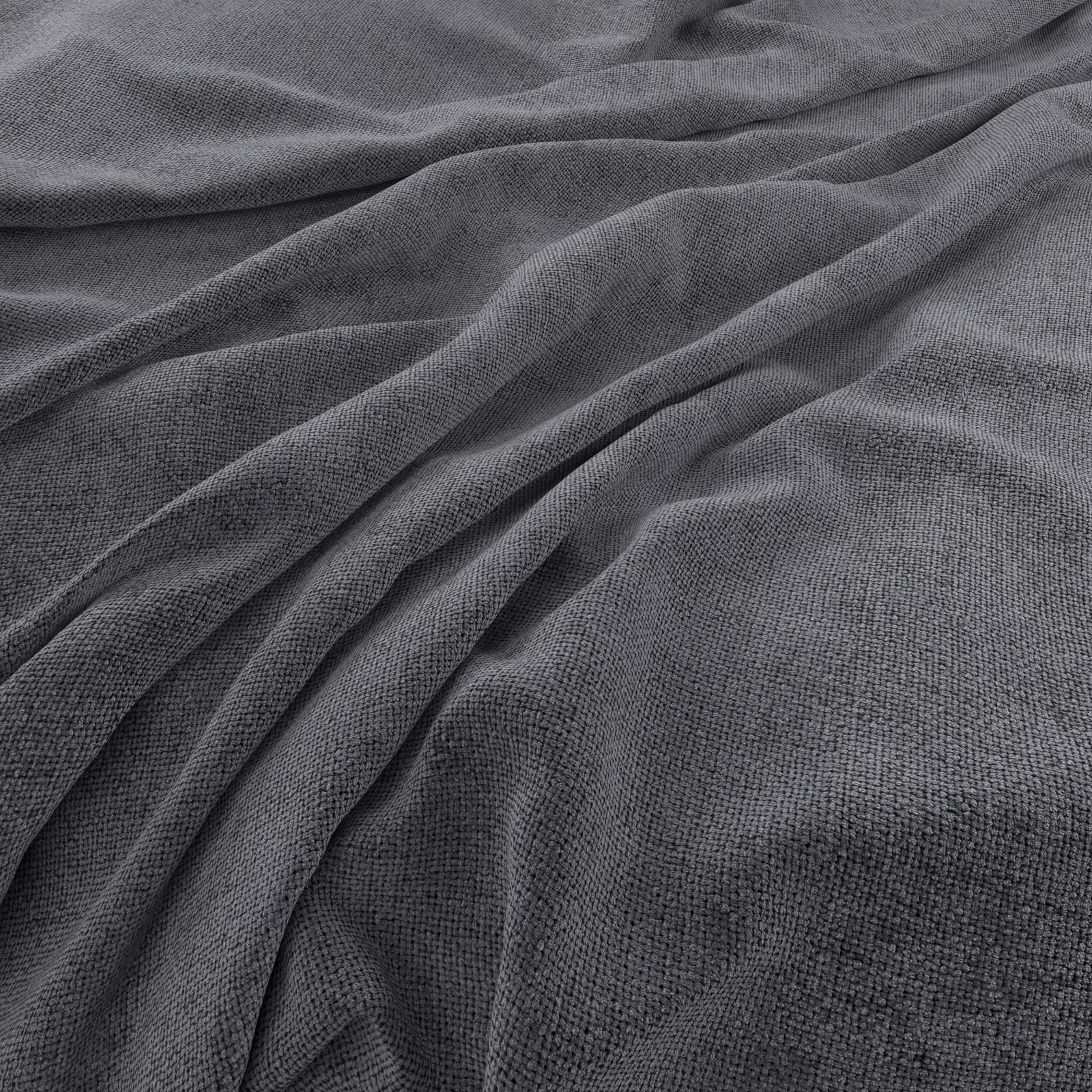 Cool charcoal-grey woven fabric gathered into soft folds, showing a fine tactile grain