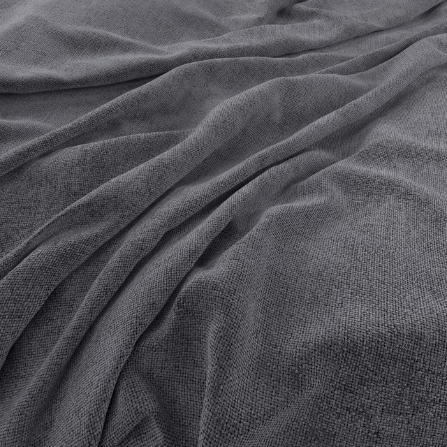 Cool charcoal-grey woven fabric gathered into soft folds, showing a fine tactile grain
