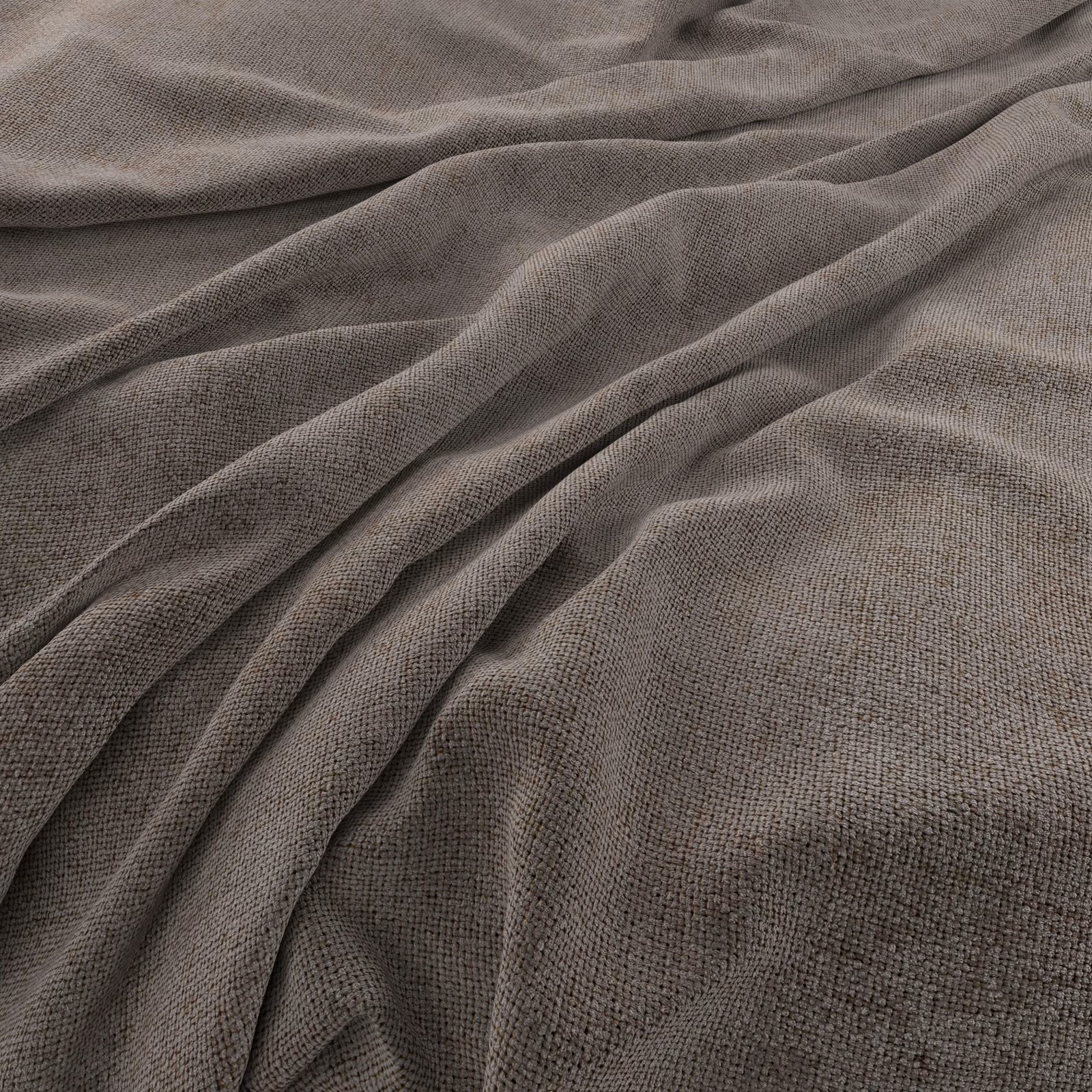 Close view of flint taupe fabric with fine woven texture and soft gathered folds