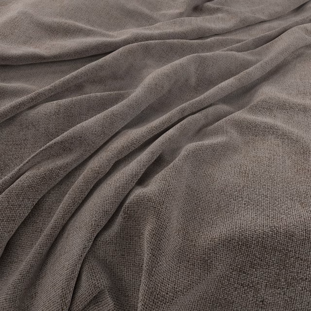 Close view of flint taupe fabric with fine woven texture and soft gathered folds