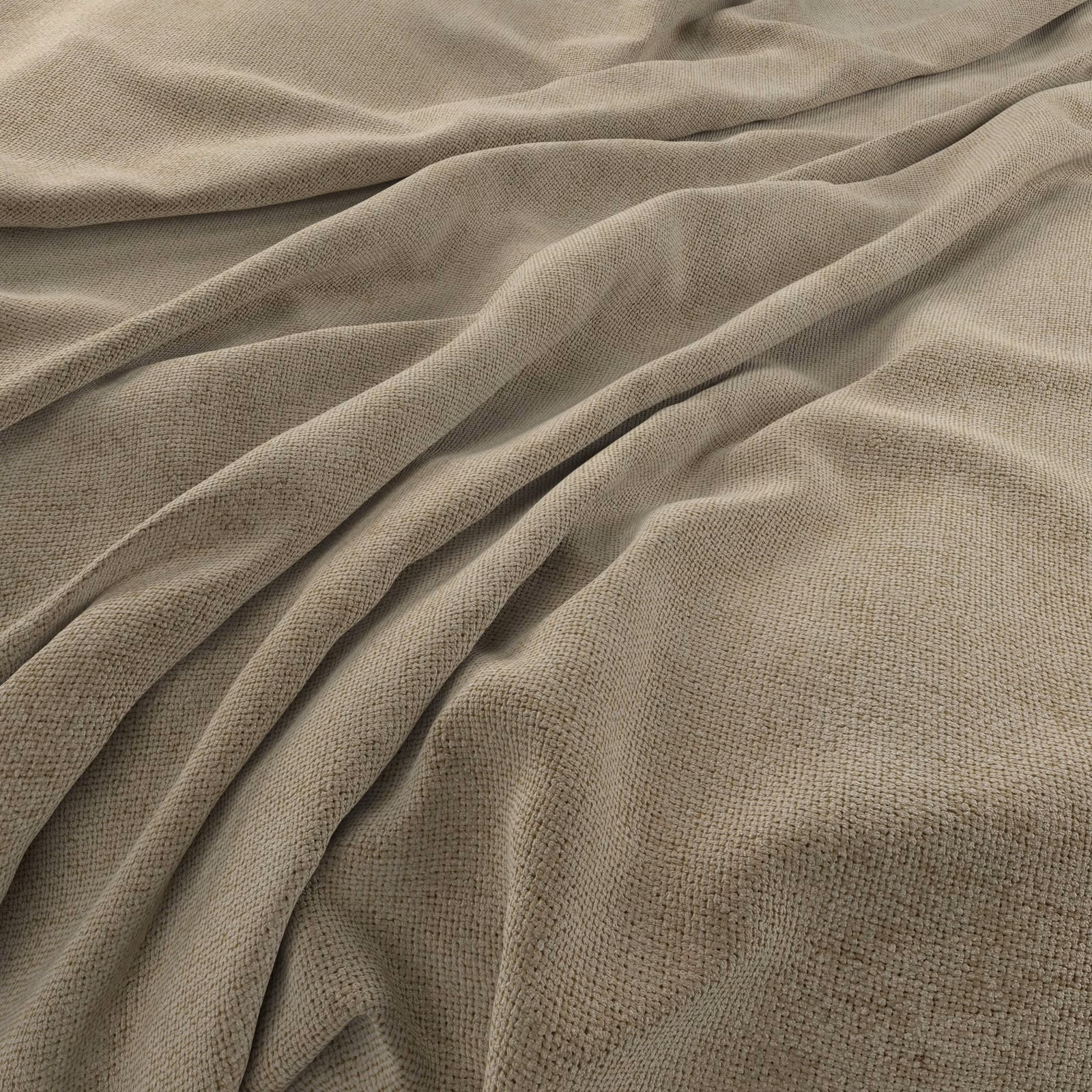 Muted warm taupe woven fabric gathered into soft, fluid folds